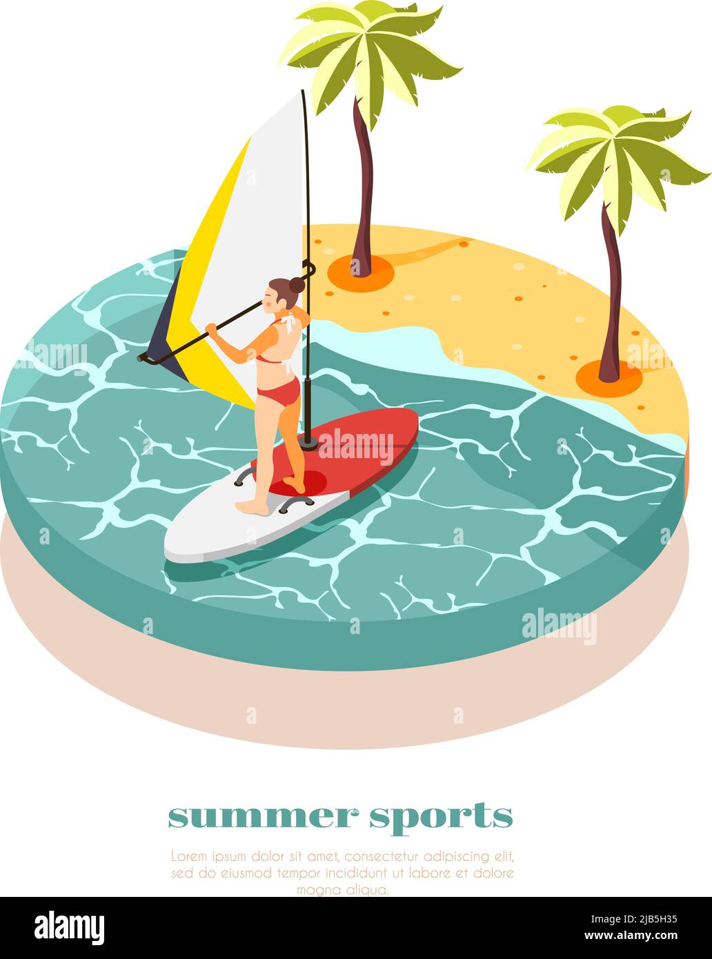 Windsurfing isometric composition with young woman in swimsuit on windsurf board  at south sea background vector illustration Stock Vector