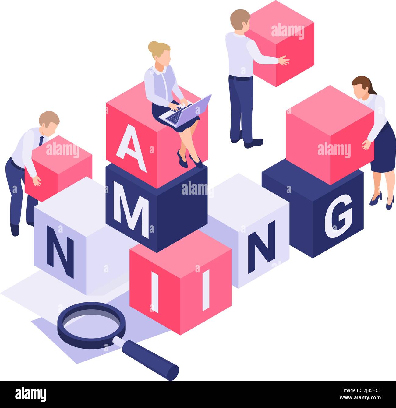 Isometric icon with people building word naming from colorful blocks 3d vector illustration Stock Vector