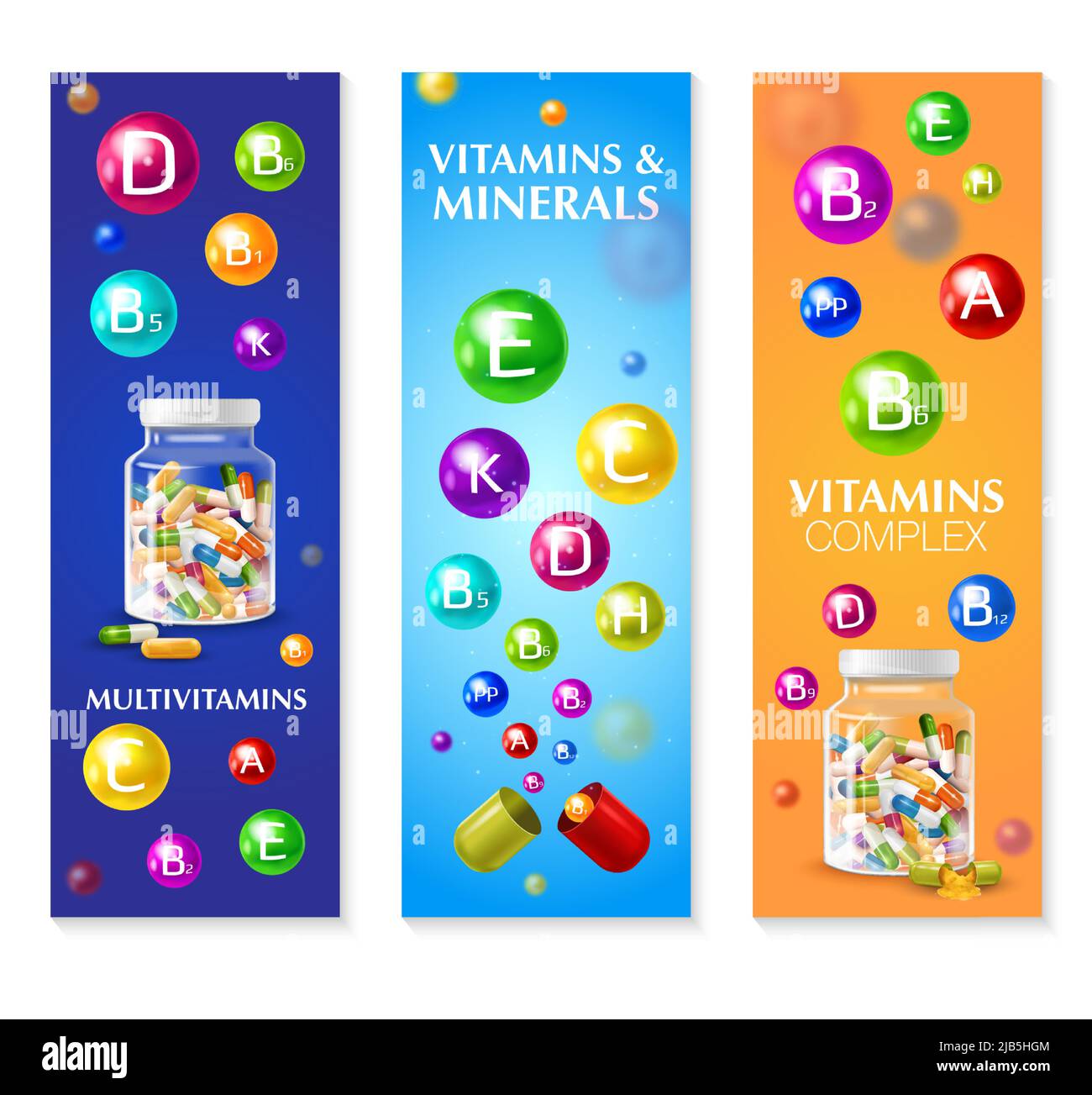 Realistic 3d vitamin mineral set of three vertical banners with colourful bubbles pills and editable text vector illustration Stock Vector