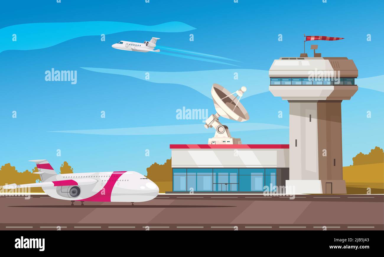 Airport air traffic control tower radar facility cartoon composition with passenger aircrafts landing and takeoff vector illustration Stock Vector