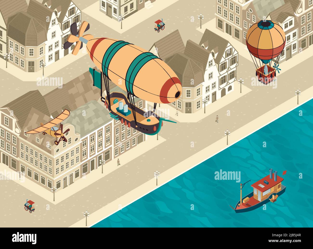 Steampunk isometric background with fantasy air balloon above fairytale ...
