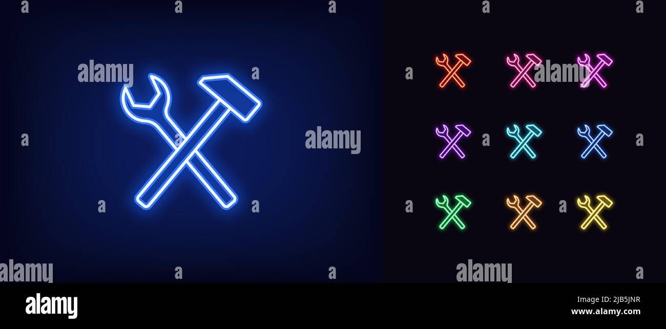 Outline neon repair icon. Glowing neon wrench and hammer sign, service ...