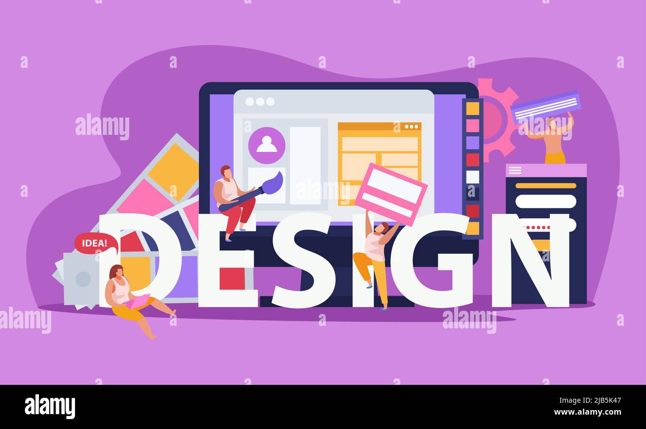 Graphic design colored flat composition with big headline design and abstract tools vector illustration Stock Vector
