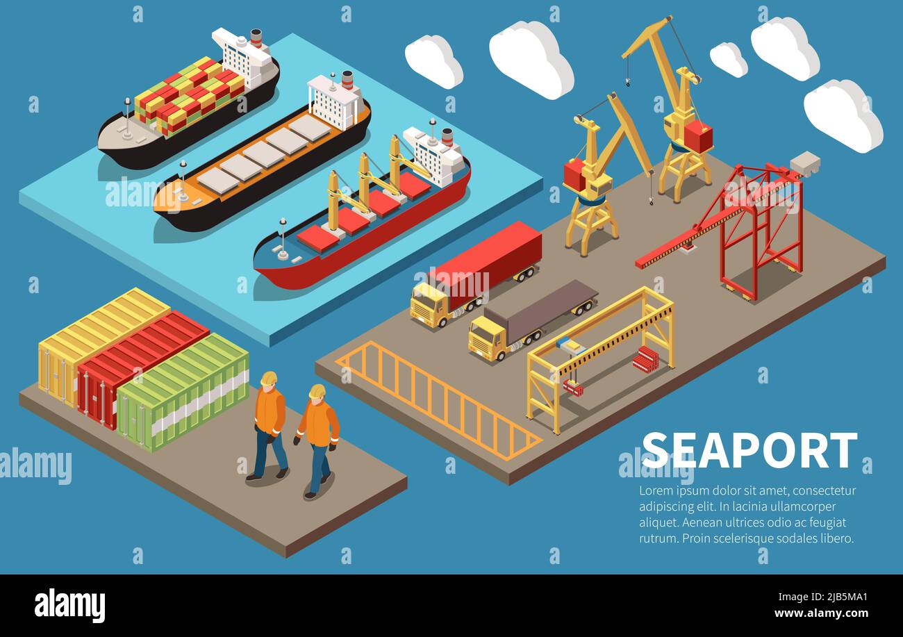 Cargo seaport container ships loading unloading cranes bulk carrier freight trucks deck workers 3 isometric compositions vector illustration Stock Vector