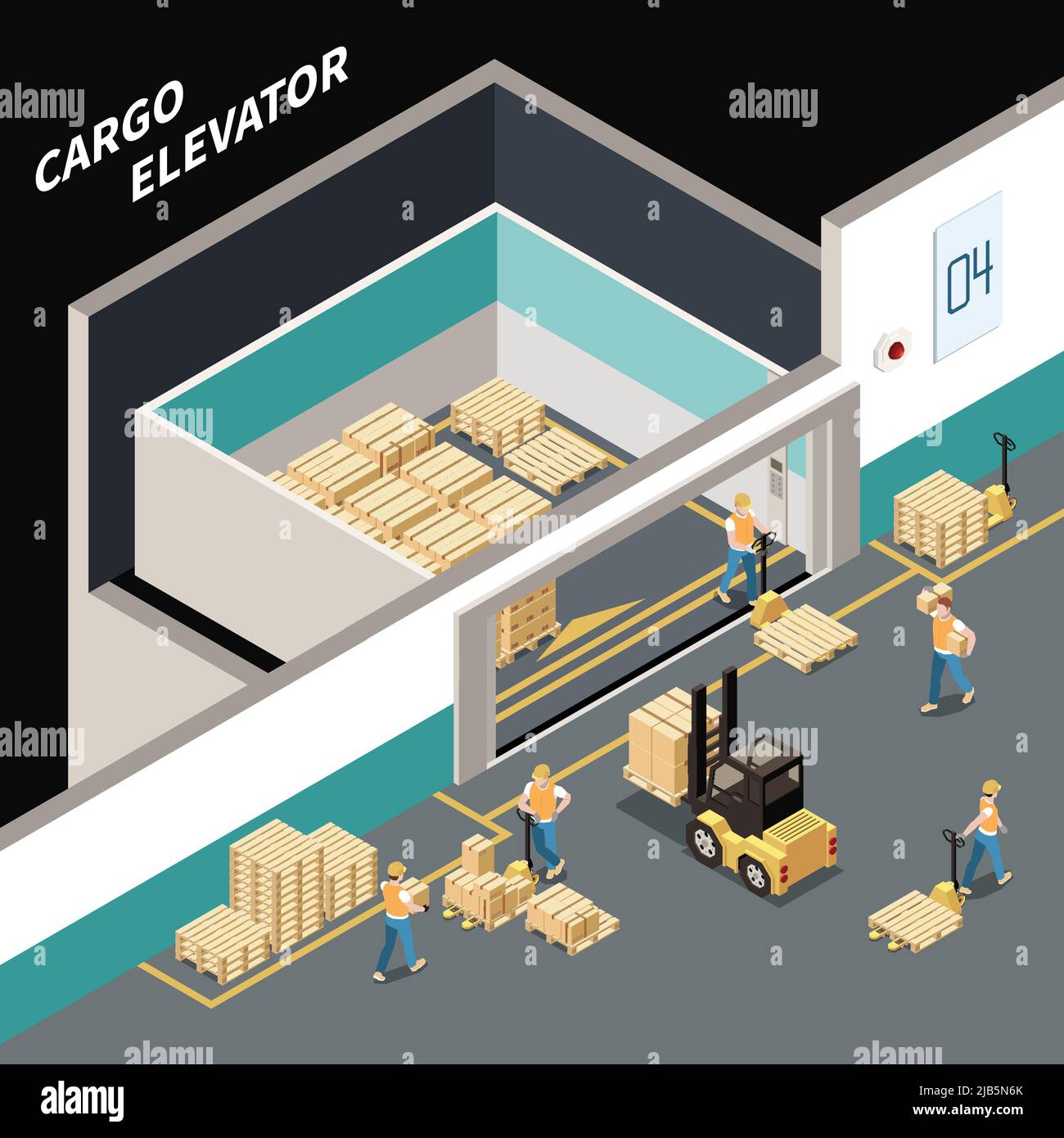 Isometric composition with workers loading cargo into big elevator 3d vector illustration Stock Vector