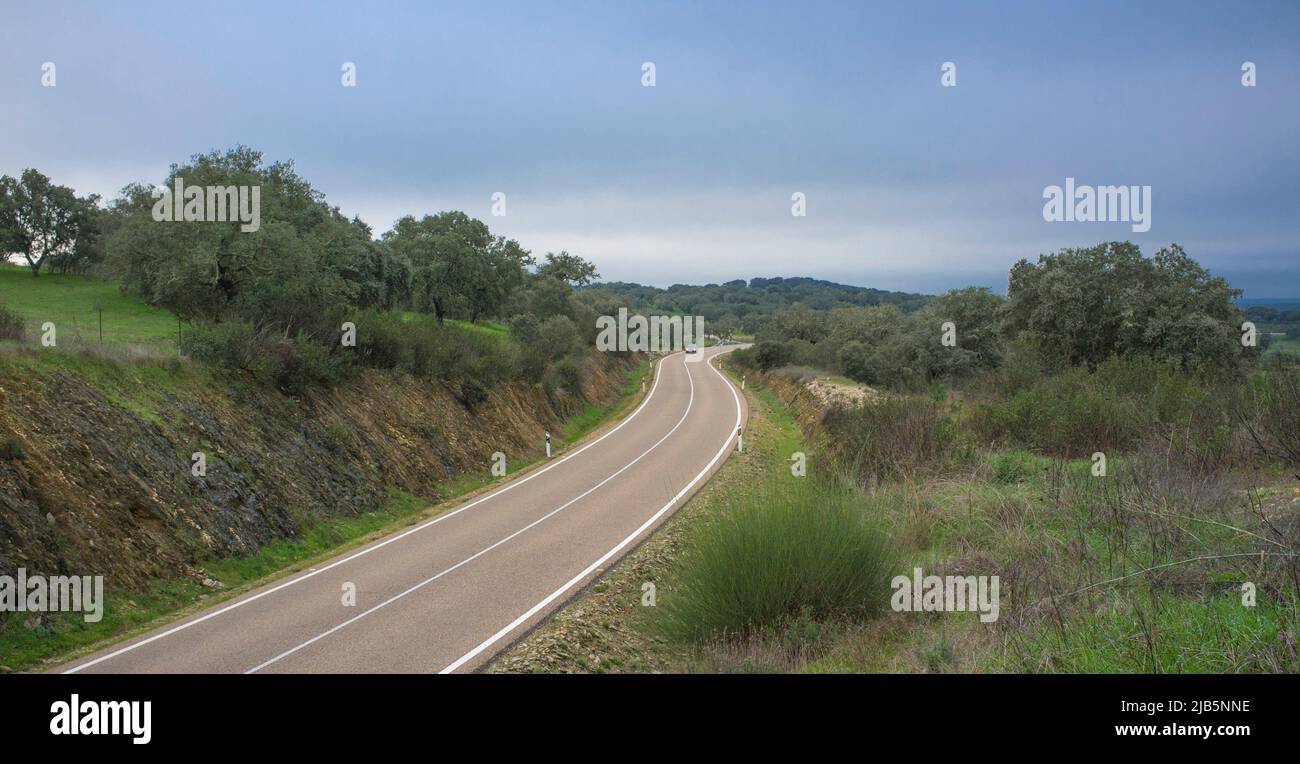 Sierra de San Pedro road EX-303, Extremadura, Spain. Declared as high scenic value road. Stock Photo