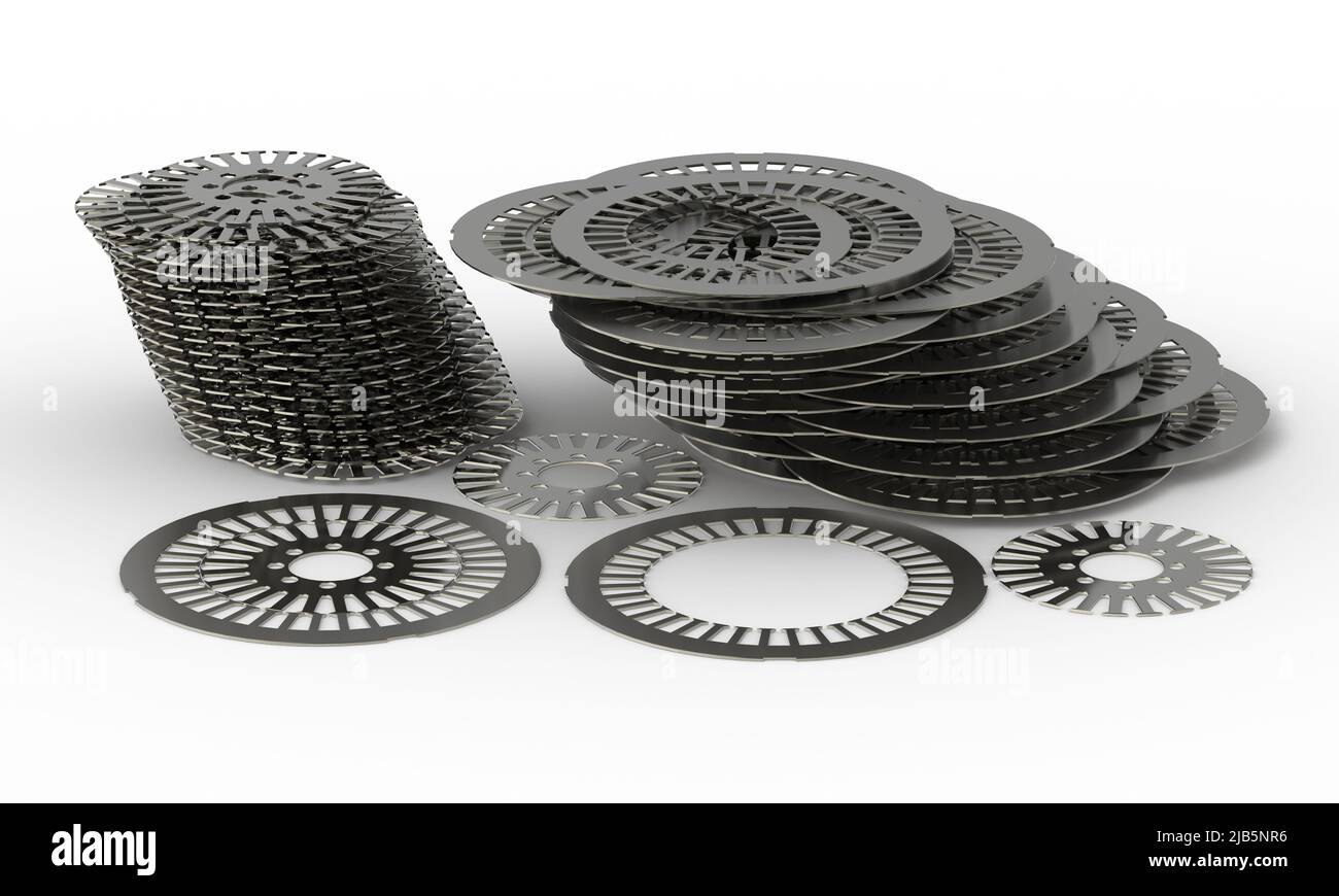 Electromagnetic sheets for stator and rotor, 3D rendering isolated on white background Stock Photo