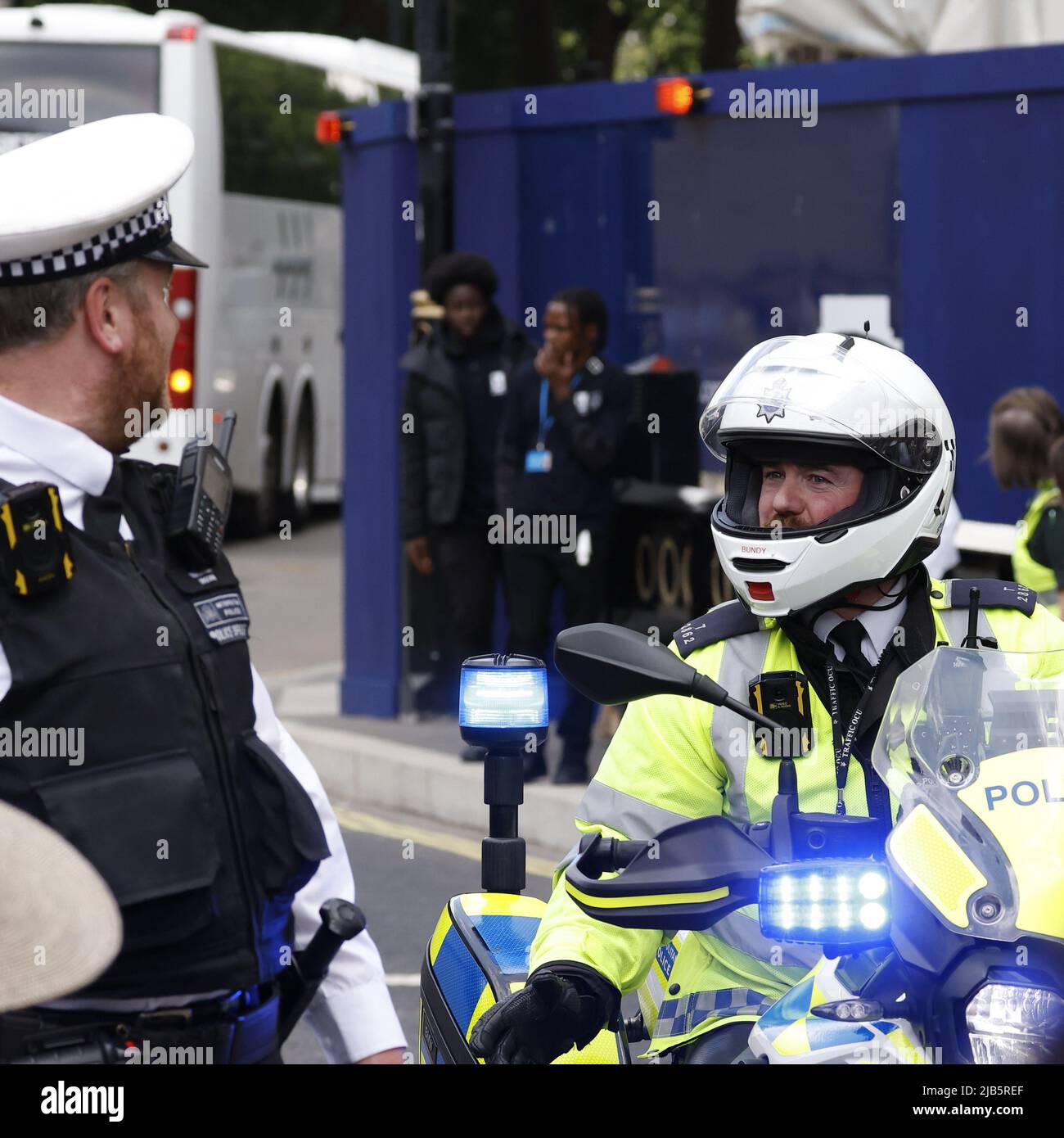 Metropolitan Police Motorcycle Escort for the Platinum Jubilee visitors. Stock Photo