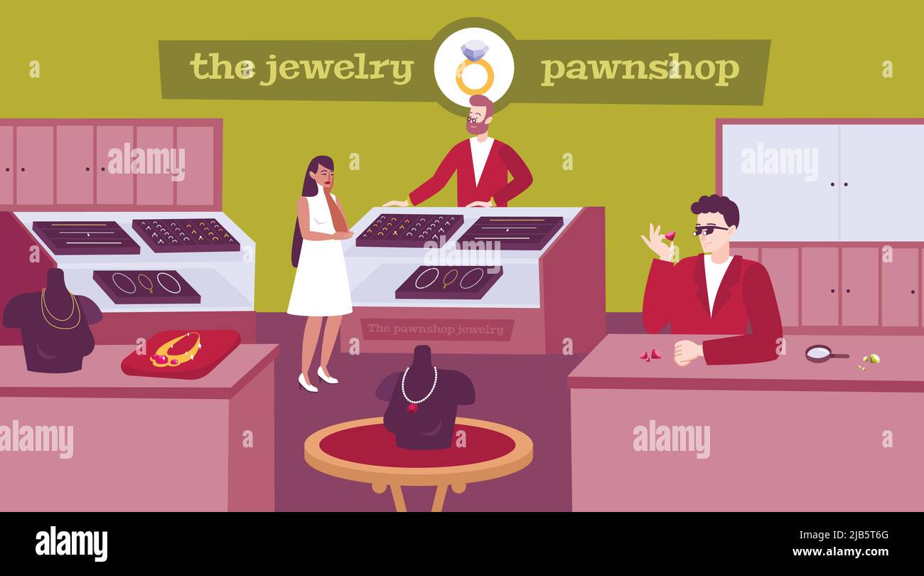 Flat design pawnshop and jewelry showcase Vector Image