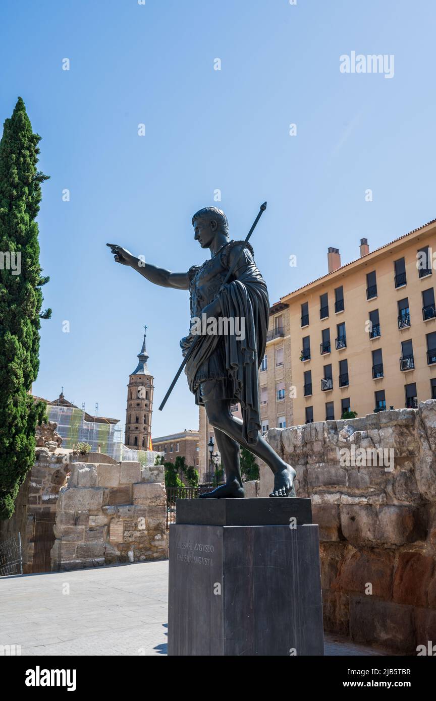 Caesar Augustus statue, given by Benito Mussolini's Italian government to Zaragoza in 1940 and is a bronze copy, forged in Naples of the original Augu Stock Photo