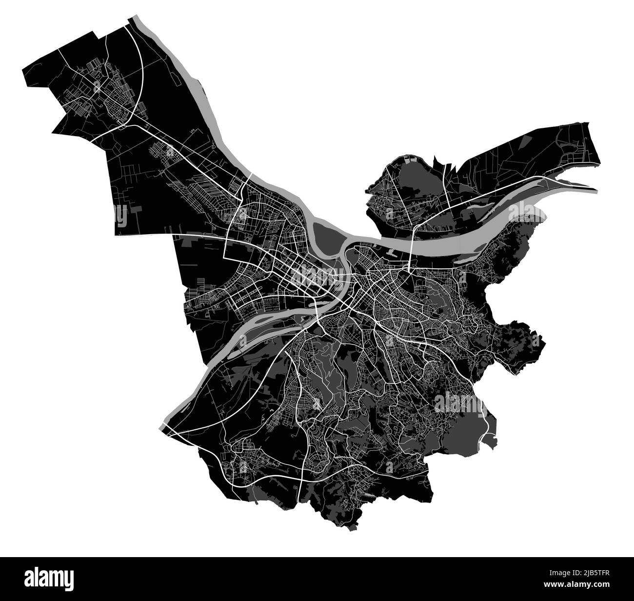 Belgrade map. Detailed vector map of Belgrade city administrative area. Cityscape poster metropolitan aria view. Black land with white buildings, wate Stock Vector