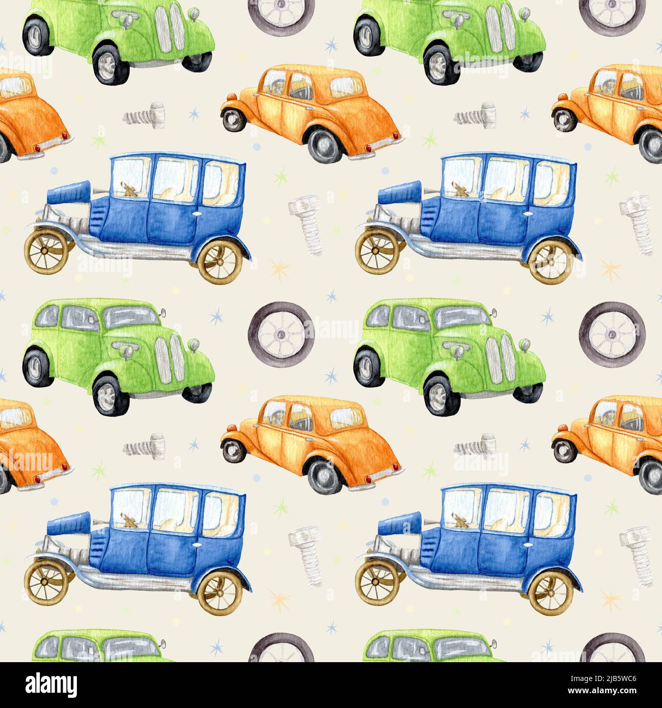 Watercolor retro cars. Seamless childrens pattern with different ...