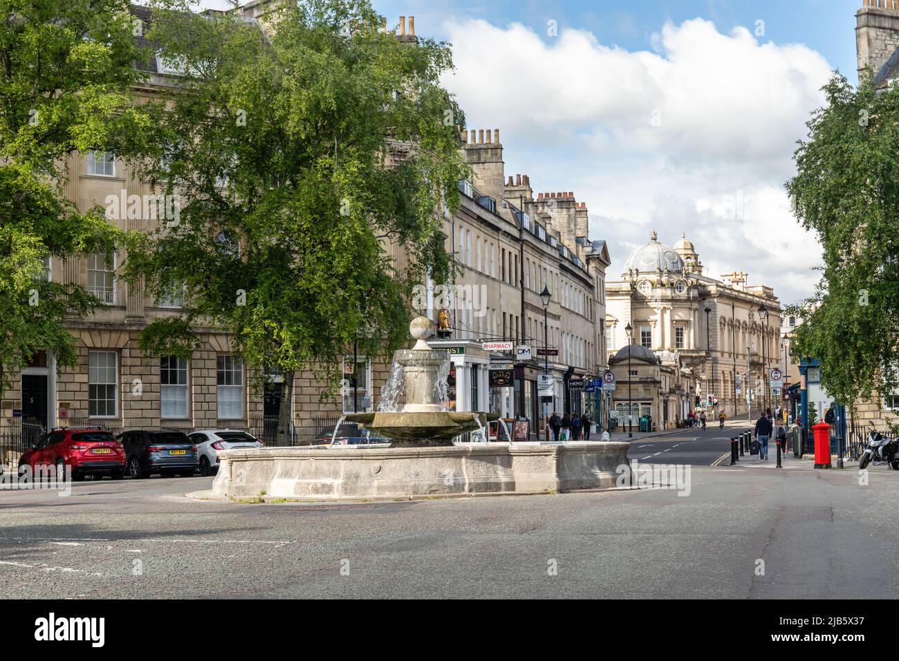 The Laura Place Fountain at the end of Great Pulteney Street with views of  Argyle Street, City of Bath, Somerset, England, UK Stock Photo