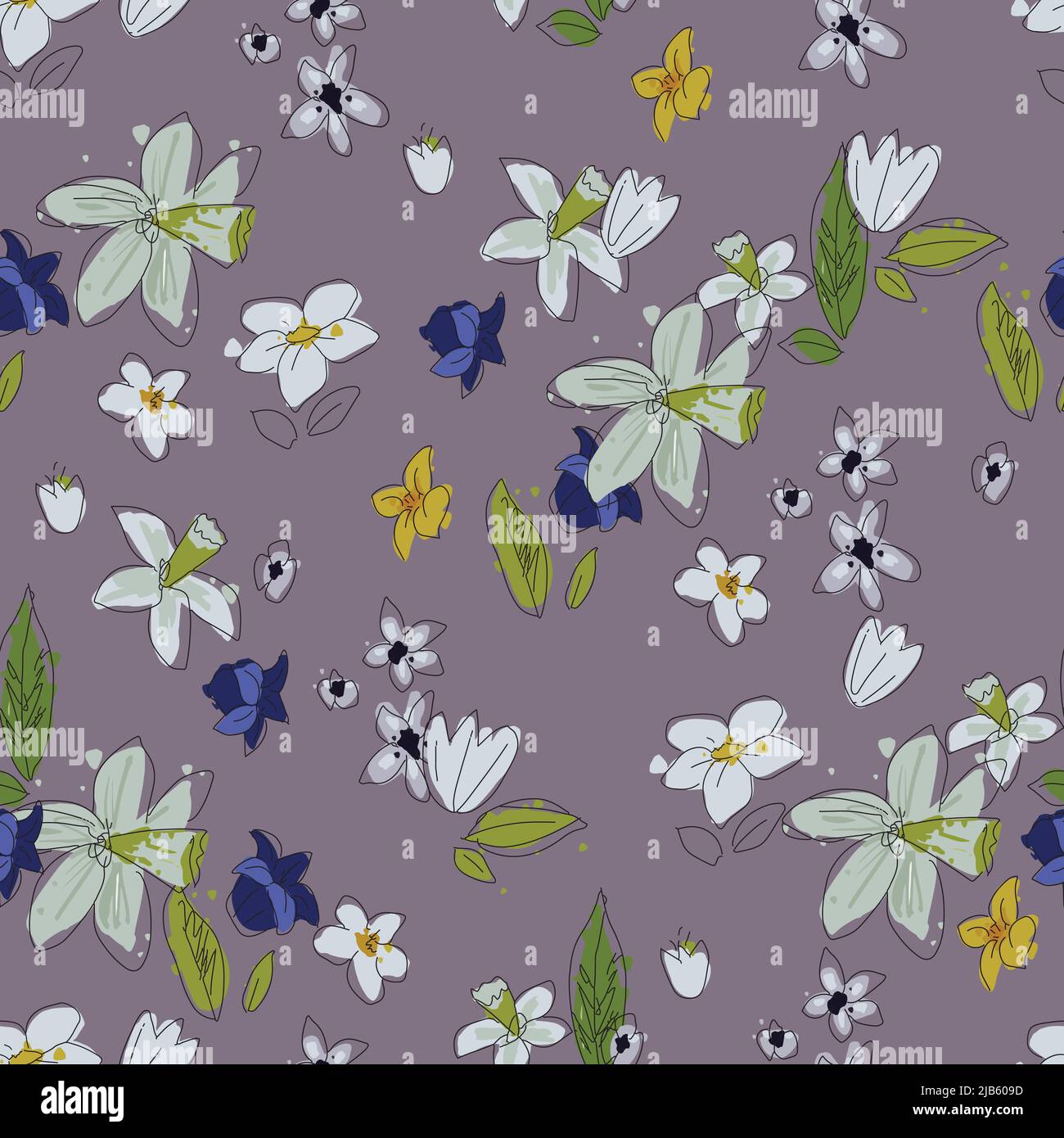 Seamless floral pattern. Vector ahand drawn flowers and leaves ...