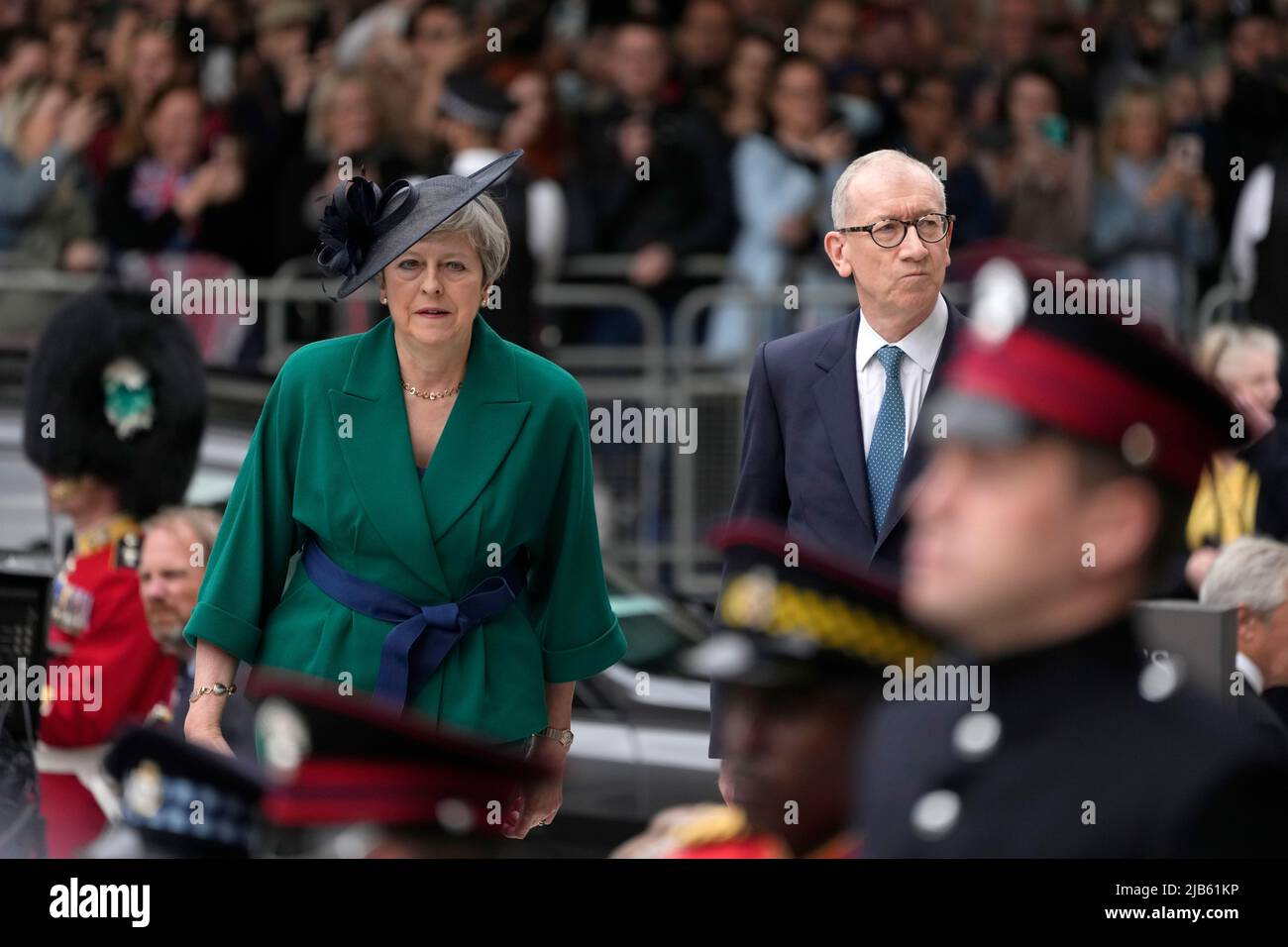 Former prime minister Theresa May and her husband Philip May arrive for the National Service of Thanksgiving at St Paul's Cathedral, London, on day two of the Platinum Jubilee celebrations for Queen Elizabeth II. Picture date: Friday June 3, 2022. Stock Photo
