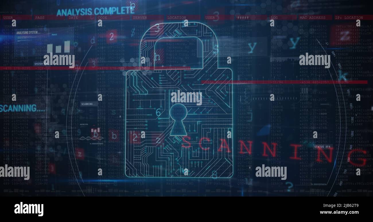 Image of warning data processing, online security padlock and circuit board Stock Photo