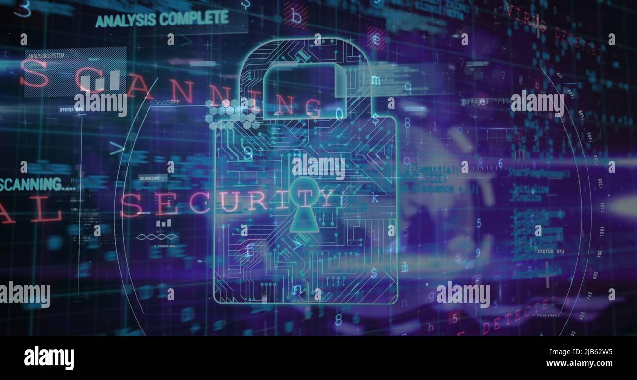 Image of warning data processing, online security padlock and circuit board Stock Photo