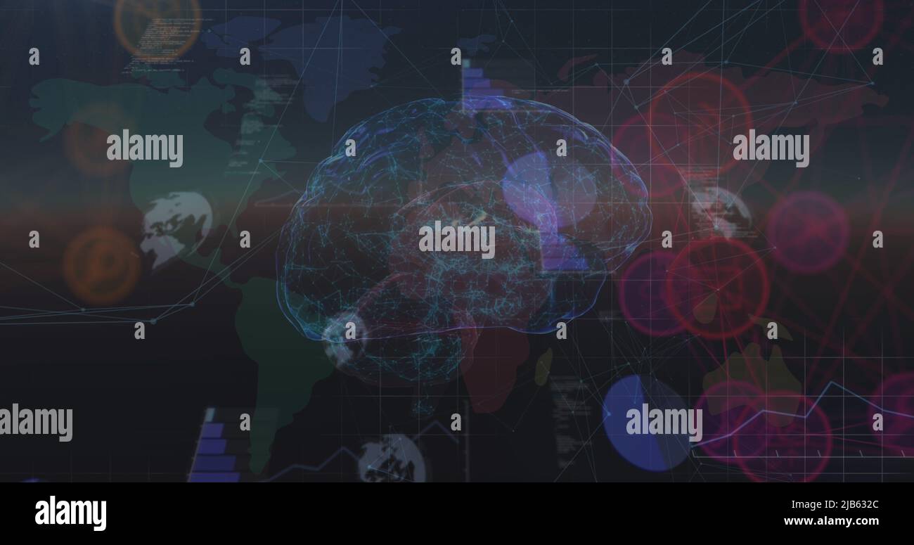Image of rotating brain with connections over world map and diverse ...