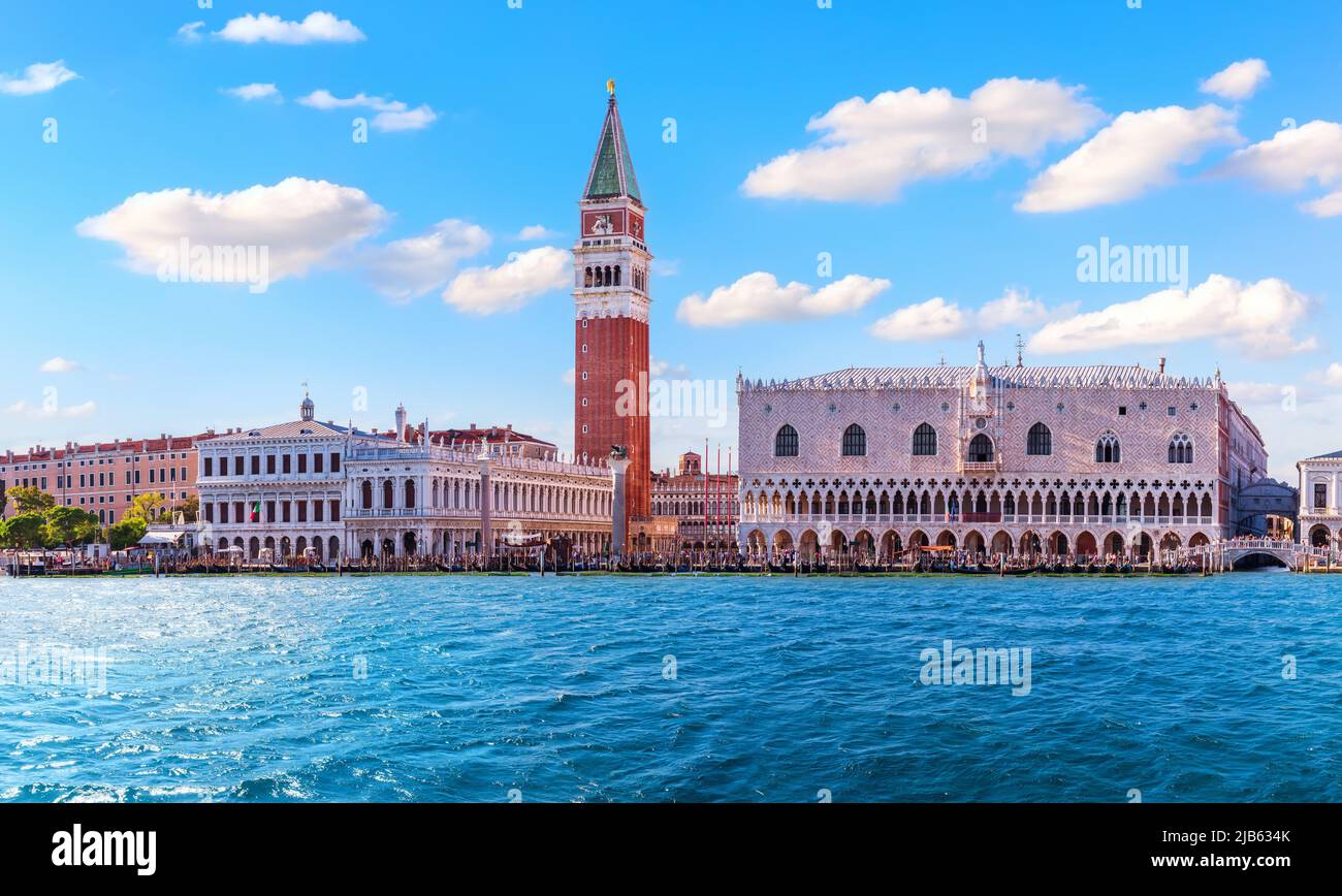 View of the San Marco and Doge's Palace from Venice lagoon, the main place of visit, Italy. Stock Photo