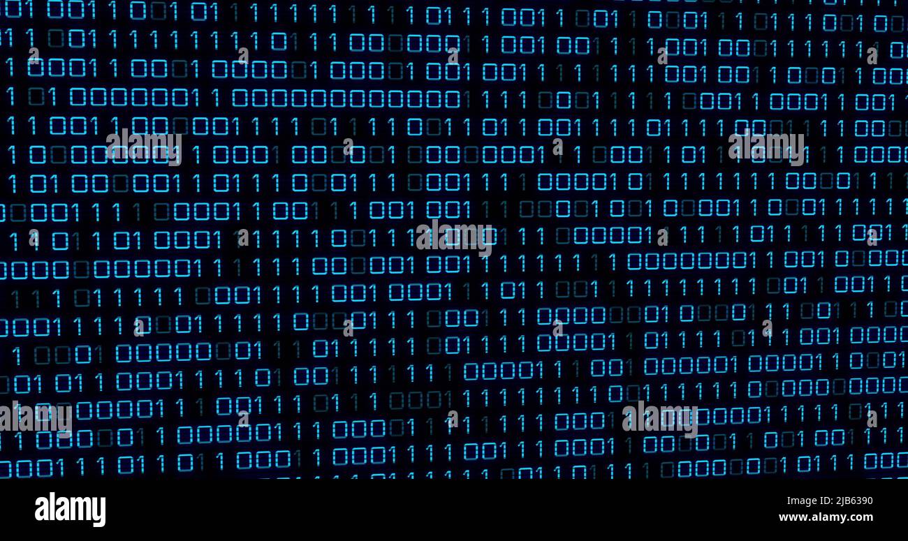 Image of blue binary code changing on black background Stock Photo