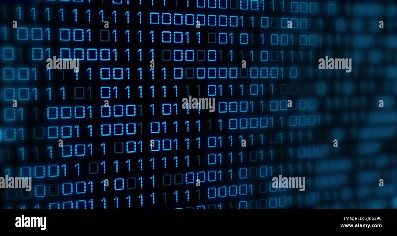 Image of blue binary code changing on black background Stock Photo