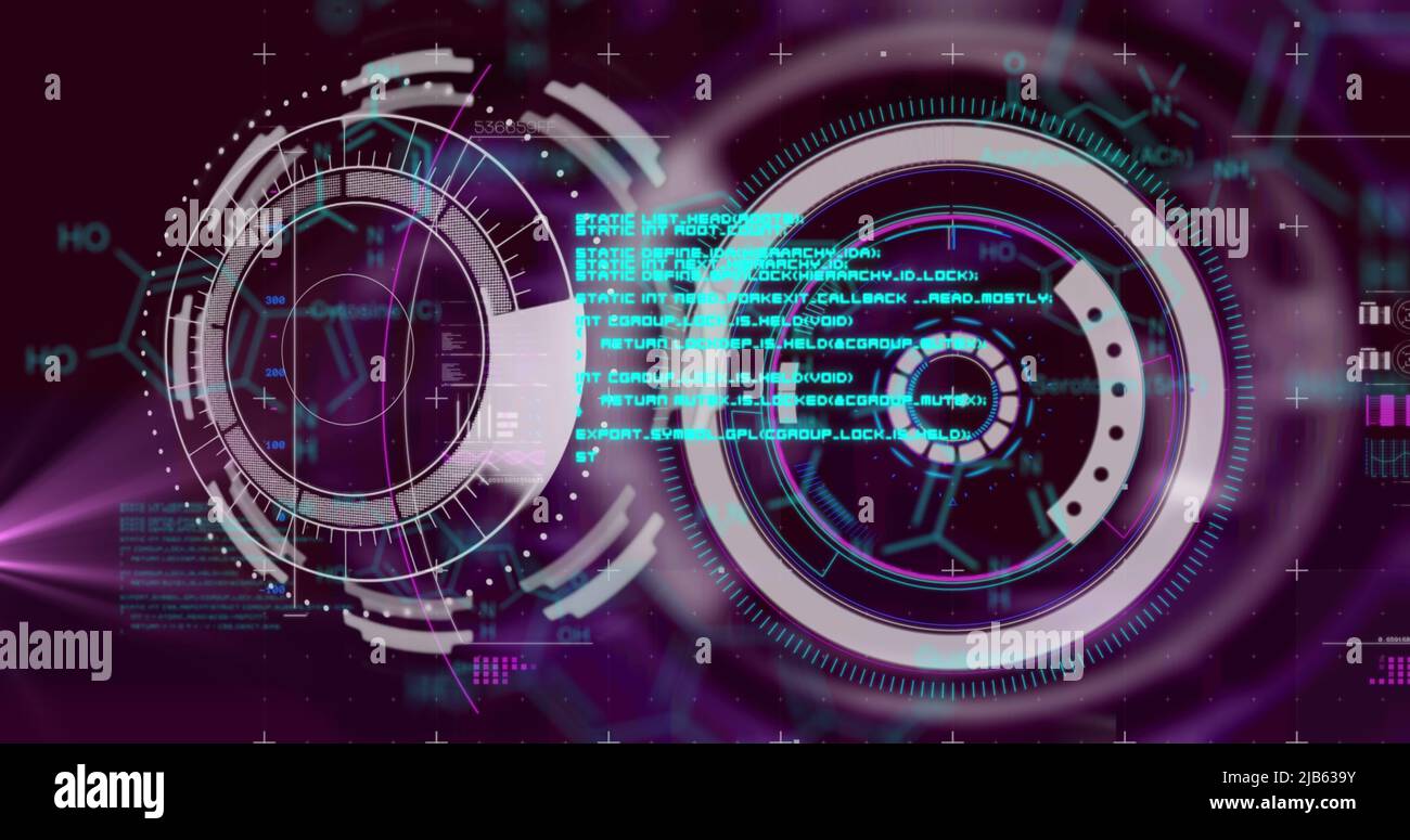 Image of chemical formulas and data processing over diverse data and human model Stock Photo