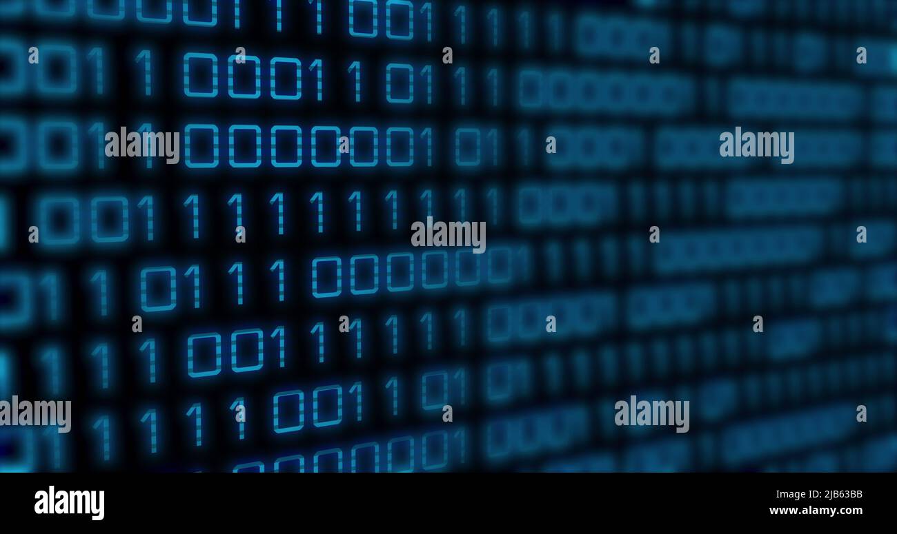 Image of blue binary code changing on black background Stock Photo
