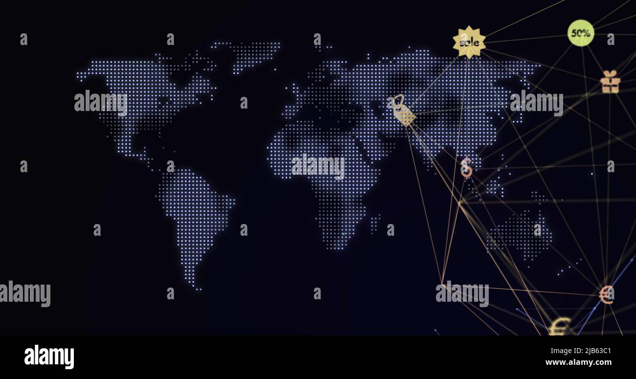 Image of network of connections with shopping icons over world map ...