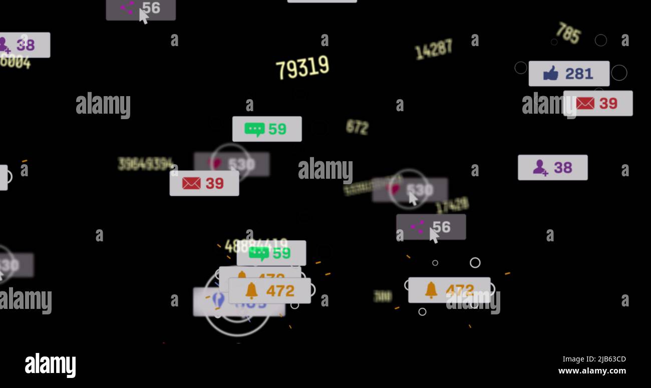 Image of social media icons floating over changing numbers on black ...