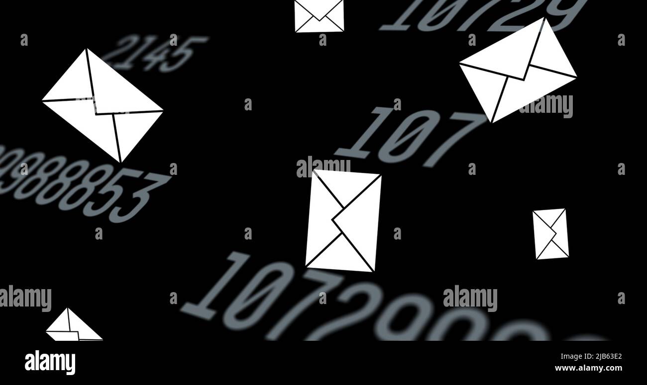 Image of envelope email icons floating and changing numbers on black background Stock Photo