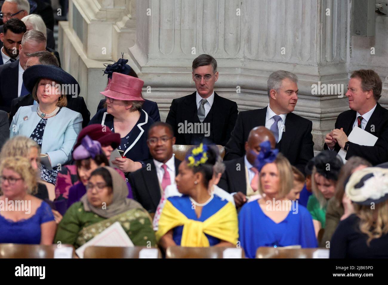 (Back left-right) Minister for Brexit Opportunities and Government Efficiency in the Cabinet Office Jacob Rees-Mogg, Northern Ireland Secretary Brandon Lewis, and Scottish Secretary Alister Jack attend the National Service of Thanksgiving at St Paul's Cathedral, London, on day two of the Platinum Jubilee celebrations for Queen Elizabeth II. Picture date: Friday June 3, 2022. Stock Photo