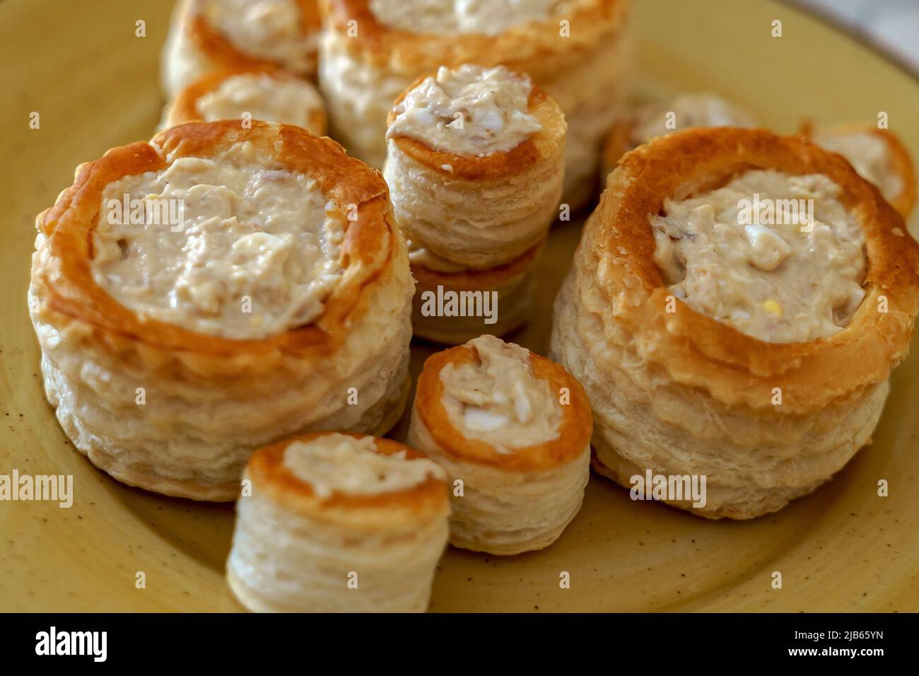 Appetizer of volauvents filled with cream with hardboiled egg and