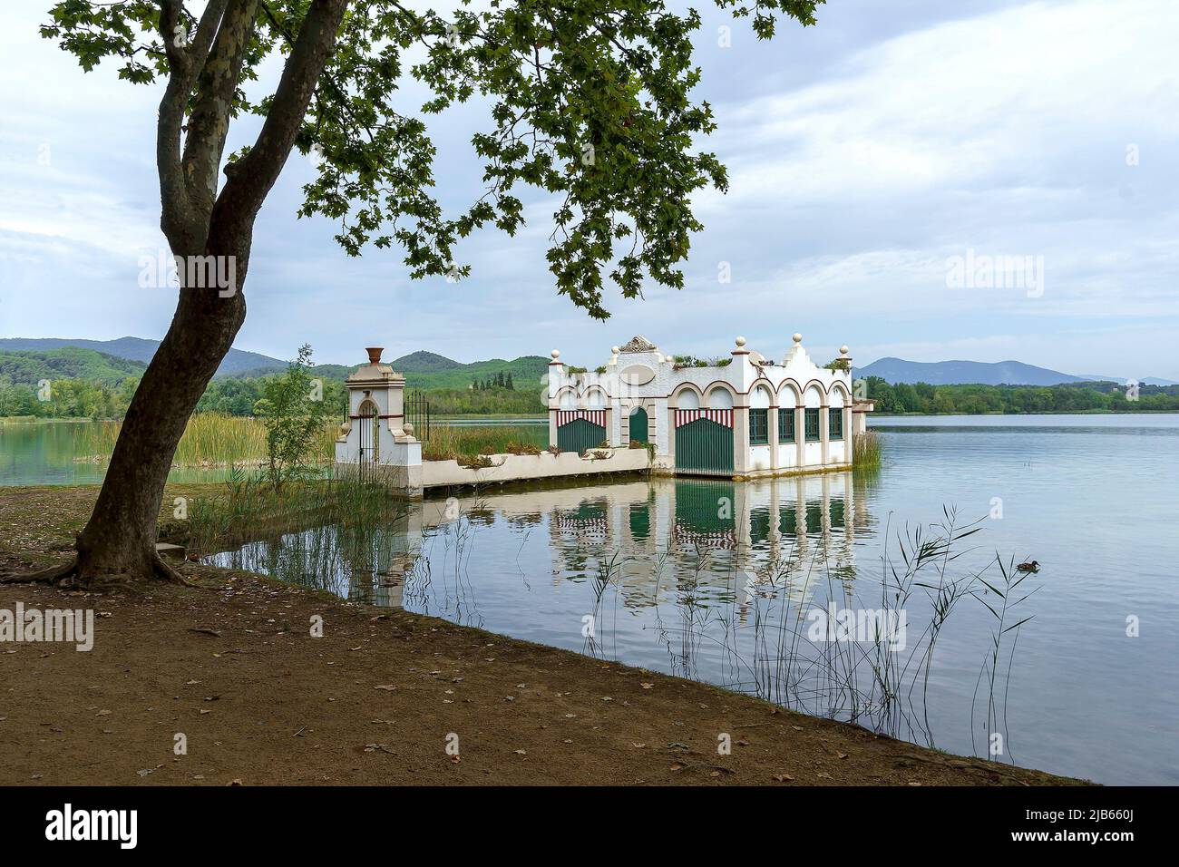 Indian house with dock on Lake Banyoles. Stock Photo