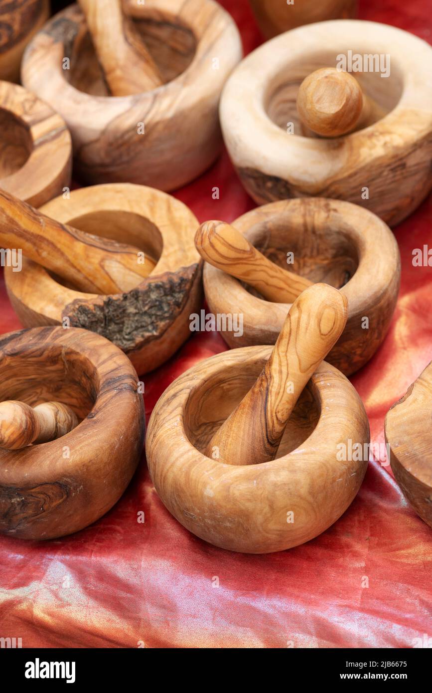 Olive Wood Carved Mortar and Pestles on Sale Stock Photo Alamy