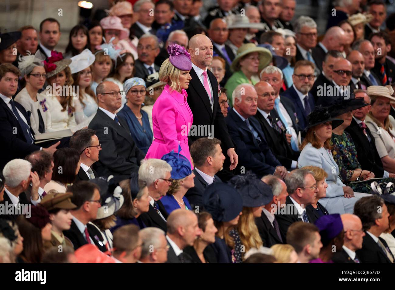Zara Tindall and her husband Mike Tindall arrive for the National Service of Thanksgiving at St Paul's Cathedral, London, on day two of the Platinum Jubilee celebrations for Queen Elizabeth II. Picture date: Friday June 3, 2022. Stock Photo