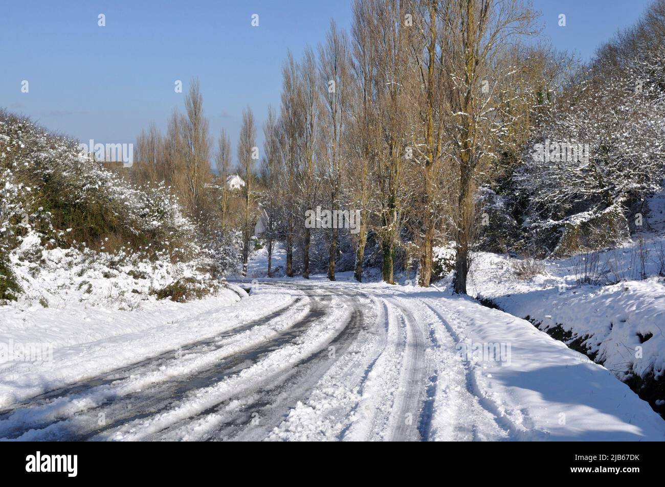 Road under the snow in Brittany Stock Photo Alamy