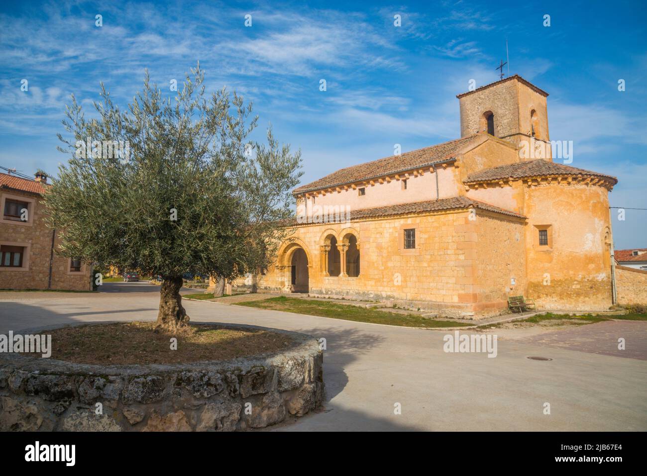 Facade of San Pedro Advincula church. Perorrubio, Segovia province, Castilla Leon, Spain. Stock Photo
