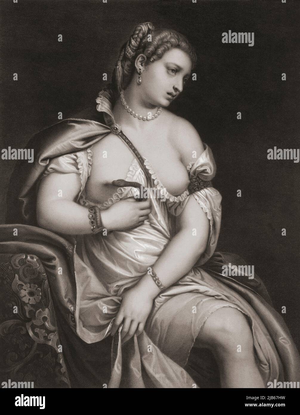 Cleopatra VII Philopator, 69 BC â. “ 30 BC. Queen of the Ptolemaic Kingdom of Egypt, clasps a venomous snake to he bosom in her act of suicide. After Stock Photo