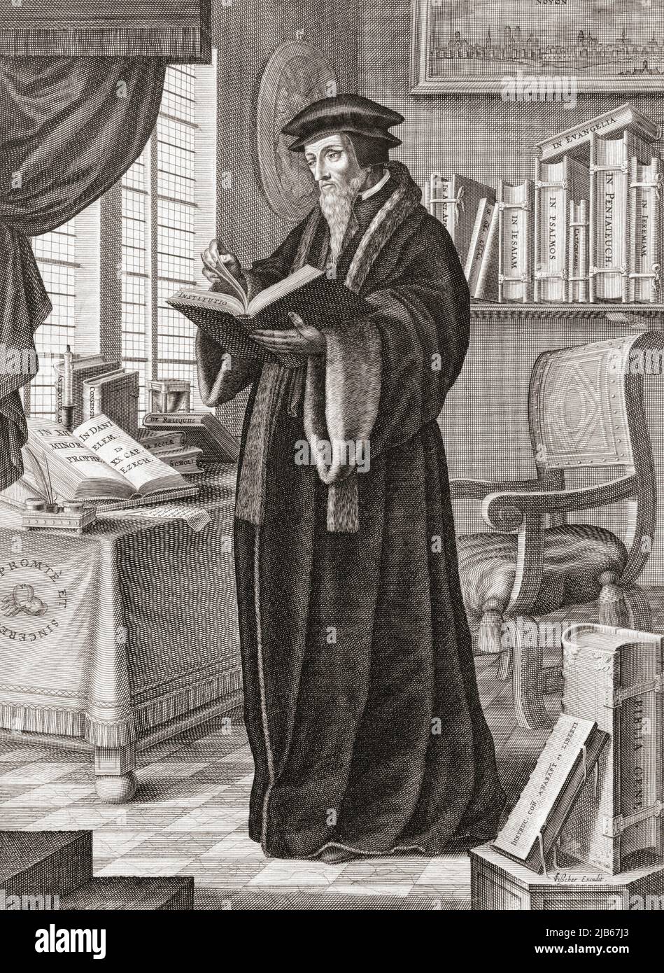 John Calvin, born Jehan Cauvin, 1509 â. “1564. French theologian, pastor and reformer in Geneva during the Protestant Reformation. After a work by Stock Photo