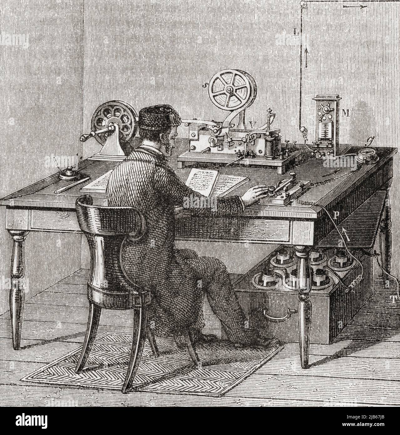 Telegraph office worker forwarding a message in Morse Code, 19th century. From L'Univers Illustre, published Paris, 1859. Stock Photo