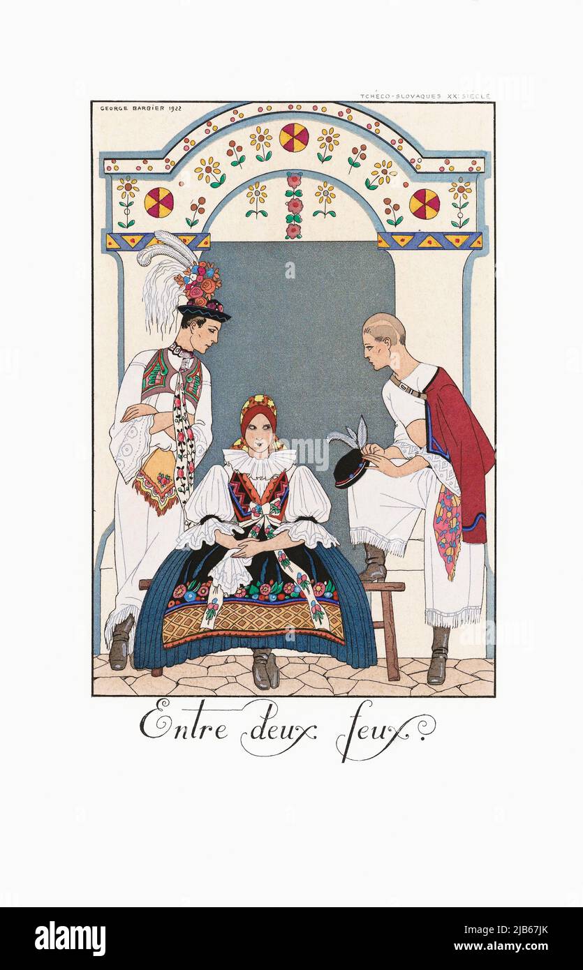 Entre deux foux. Between two fools. from George Barbier's almanac Falbalas et Fanfreluches 1922 - 1926. After a work by French illustrator George Stock Photo