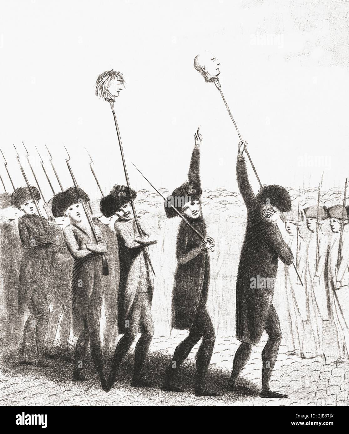 Revolutionary mob carrying on pikes the heads of the Marquis de Launay, Governor of the Bastille, and Jacques de Flesselles, a Paris City Hall Stock Photo