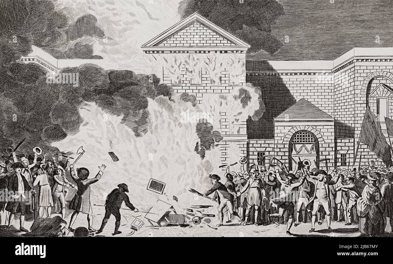 Participants in the Gordon Riots in June 1780, fueled by anti-Catholic hostility, attack London's Newgate gaol. After an engraving from The New, Stock Photo