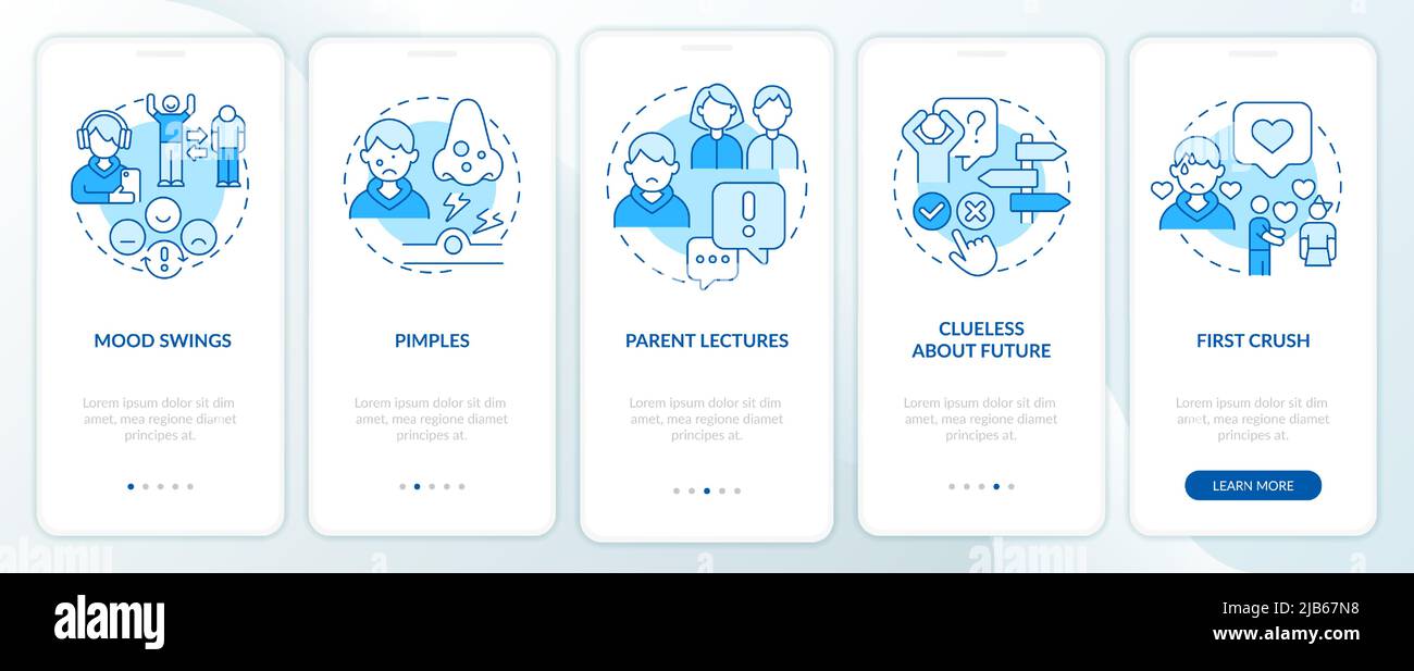 Common problems facing teens blue onboarding mobile app screen Stock ...