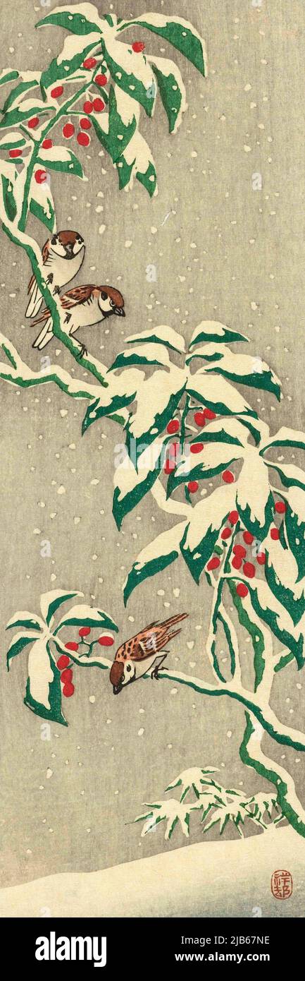 Sparrows on a Snowy Berry Bush, by Japanese artist Ohara Koson, 1877 - 1945. Ohara Koson was part of the shin-hanga, or new prints movement. Stock Photo