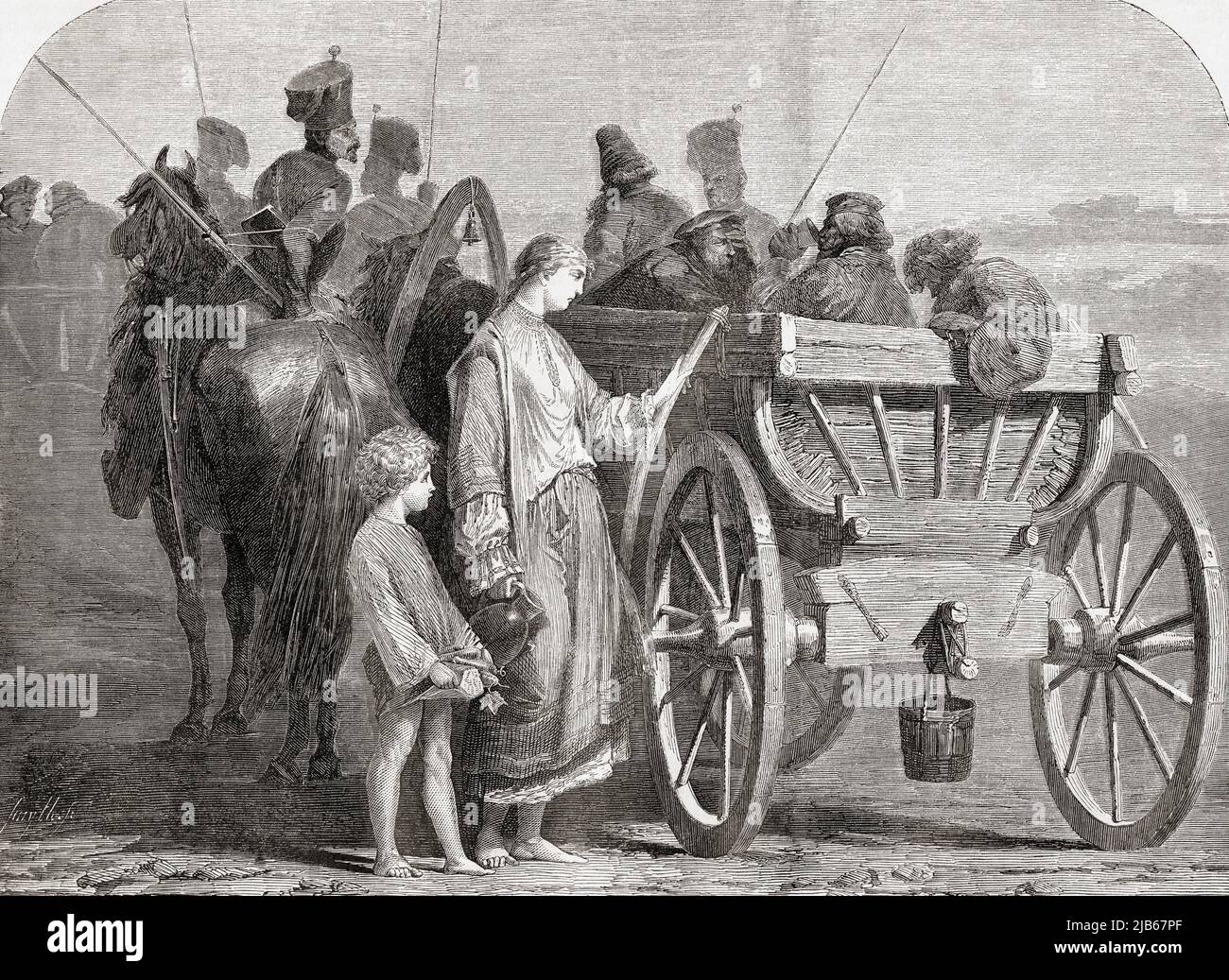 A convoy of prisoners, main leaders of a revolt of serfs condemned to deportation to the Siberian mines for life, on the road from Moscow to Tobolsk Stock Photo
