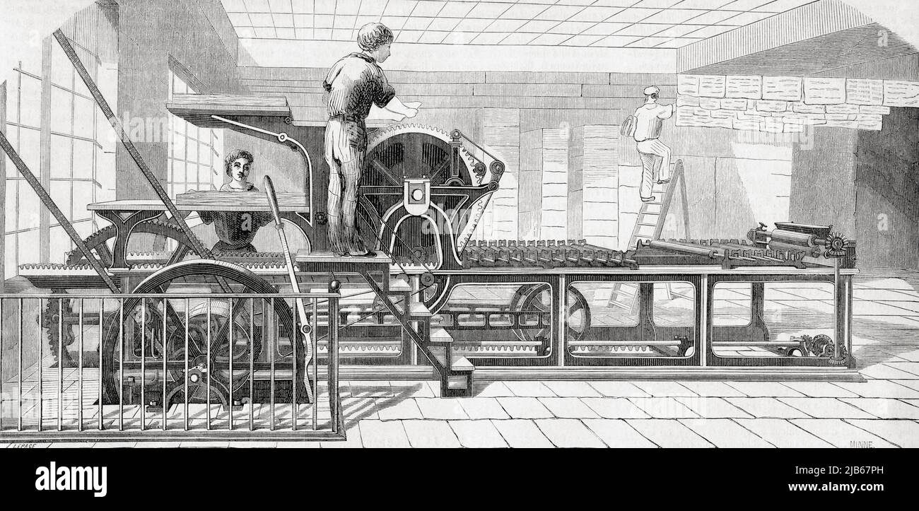 A Marinoni rotary printing press for thumbnail prints and colour prints. Hippolyte Auguste Marinoni, 1823 -1904. From L'Univers Illustre, published Stock Photo