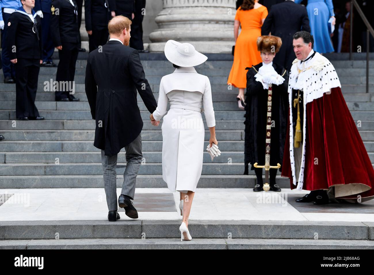 The Duke and Duchess of Sussex arrive for the National Service of Thanksgiving at St Paul's Cathedral, London, on day two of the Platinum Jubilee celebrations for Queen Elizabeth II. Picture date: Friday June 3, 2022. Stock Photo