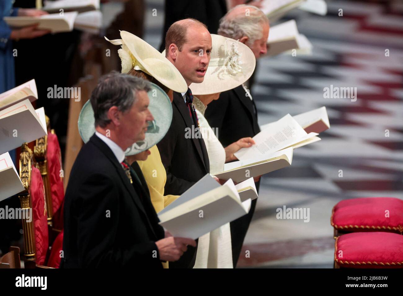 (Front left-right) Vice Admiral Sir Tim Laurence, the Princess Royal, the Duke and Duchess of Cambridge attend the National Service of Thanksgiving at St Paul's Cathedral, London, on day two of the Platinum Jubilee celebrations for Queen Elizabeth II. Picture date: Friday June 3, 2022. Stock Photo