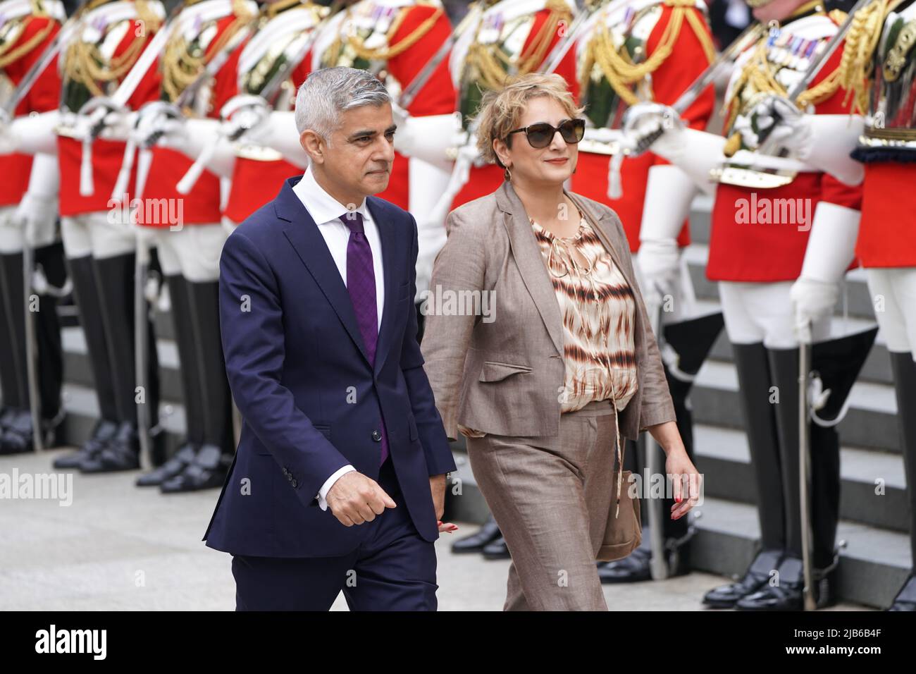 Mayor of London Sadiq Khan and his wife Saadiya Khan arrive for the National Service of Thanksgiving at St Paul's Cathedral, London, on day two of the Platinum Jubilee celebrations for Queen Elizabeth II. Picture date: Friday June 3, 2022. Stock Photo